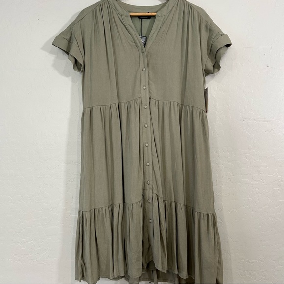 Mikarose Dresses & Skirts - Mikarose Sage Green Tiered Midi Dress Large Rayon Short Sleeve Button Front NWT